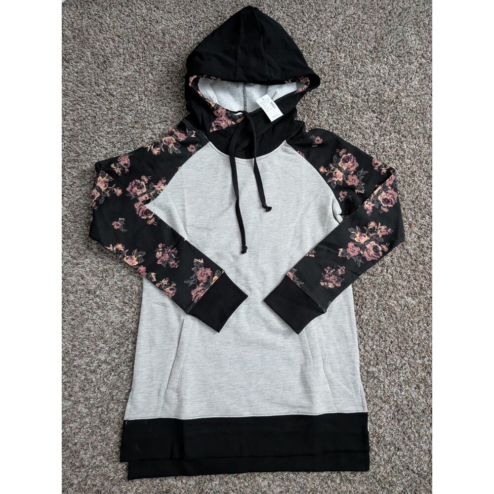 Maurice's Medium floral sleeve double hood tunic sweatshirt Pullover NEW